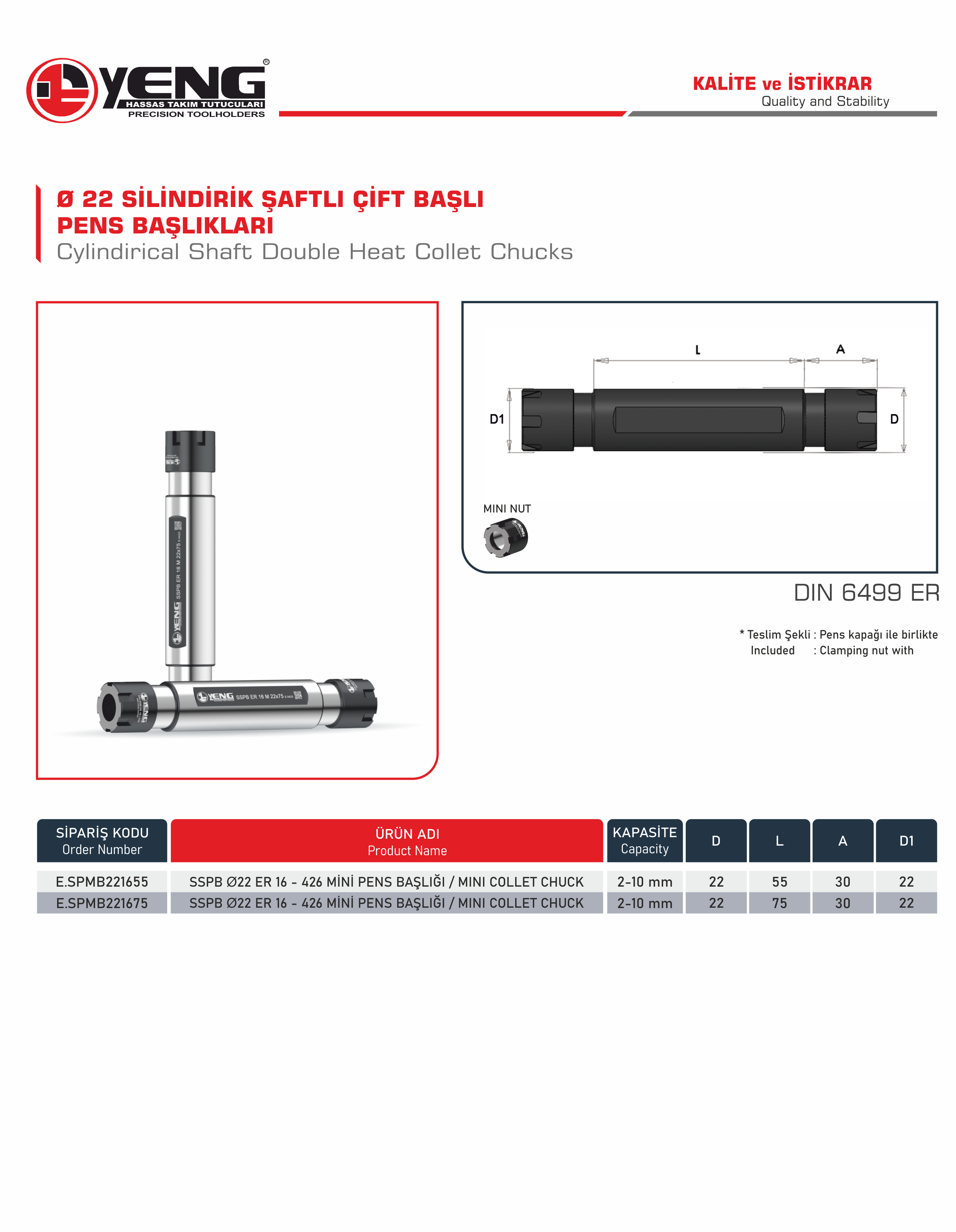 Ø22 Cylindirical Shaft Double Heat Collet Chucks / DIN 6499 ER