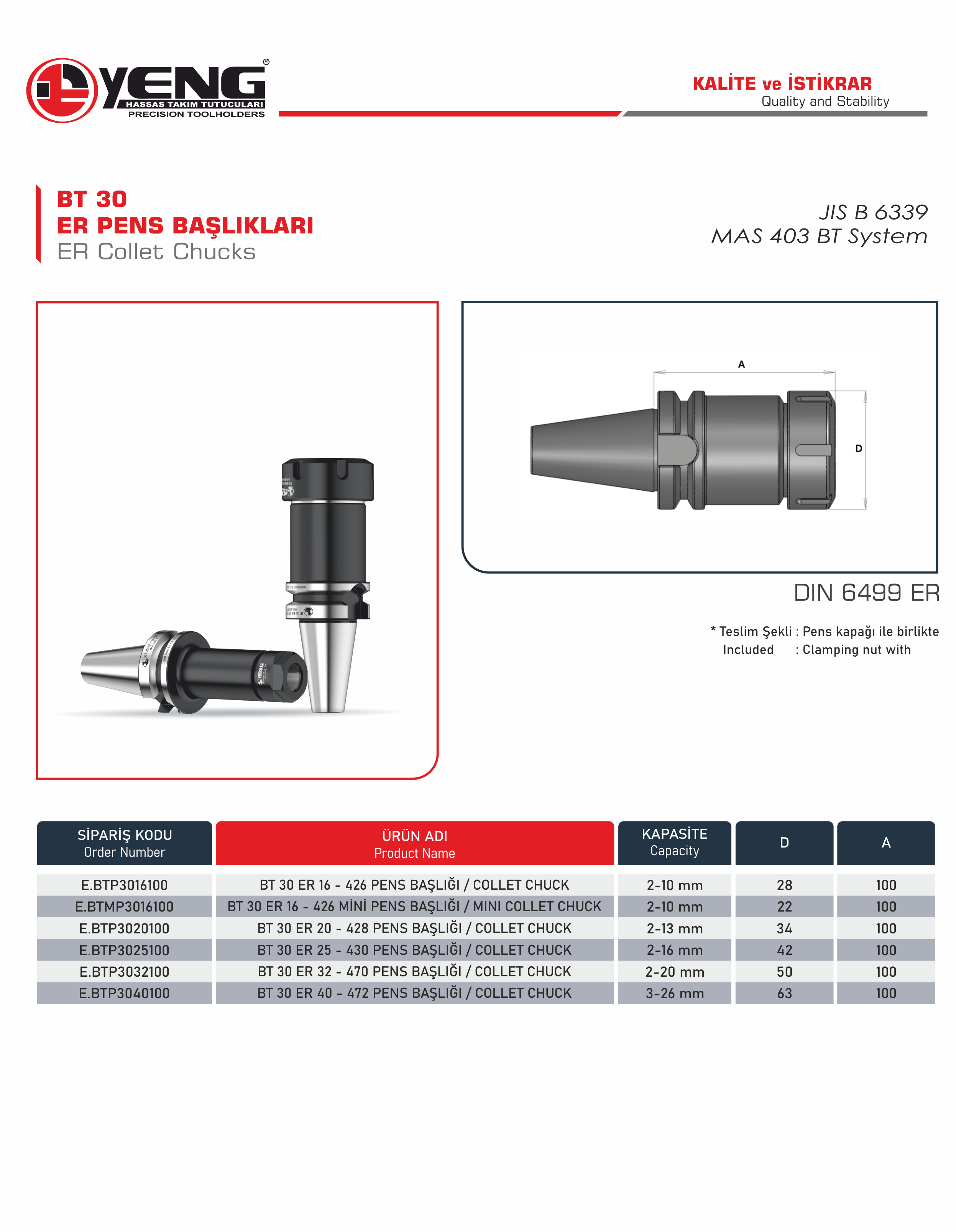 BT 30 Pens Başlıkları / DIN 6499 ER A=100