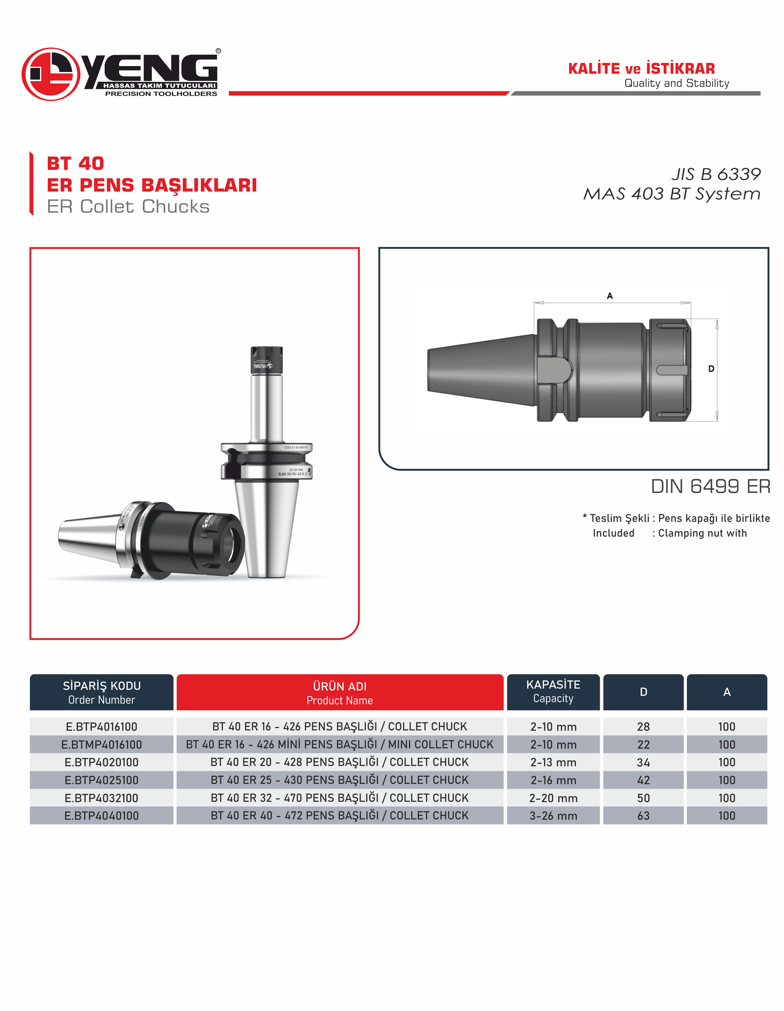 BT 40 Pens Başlıkları / DIN 6499 ER A=100