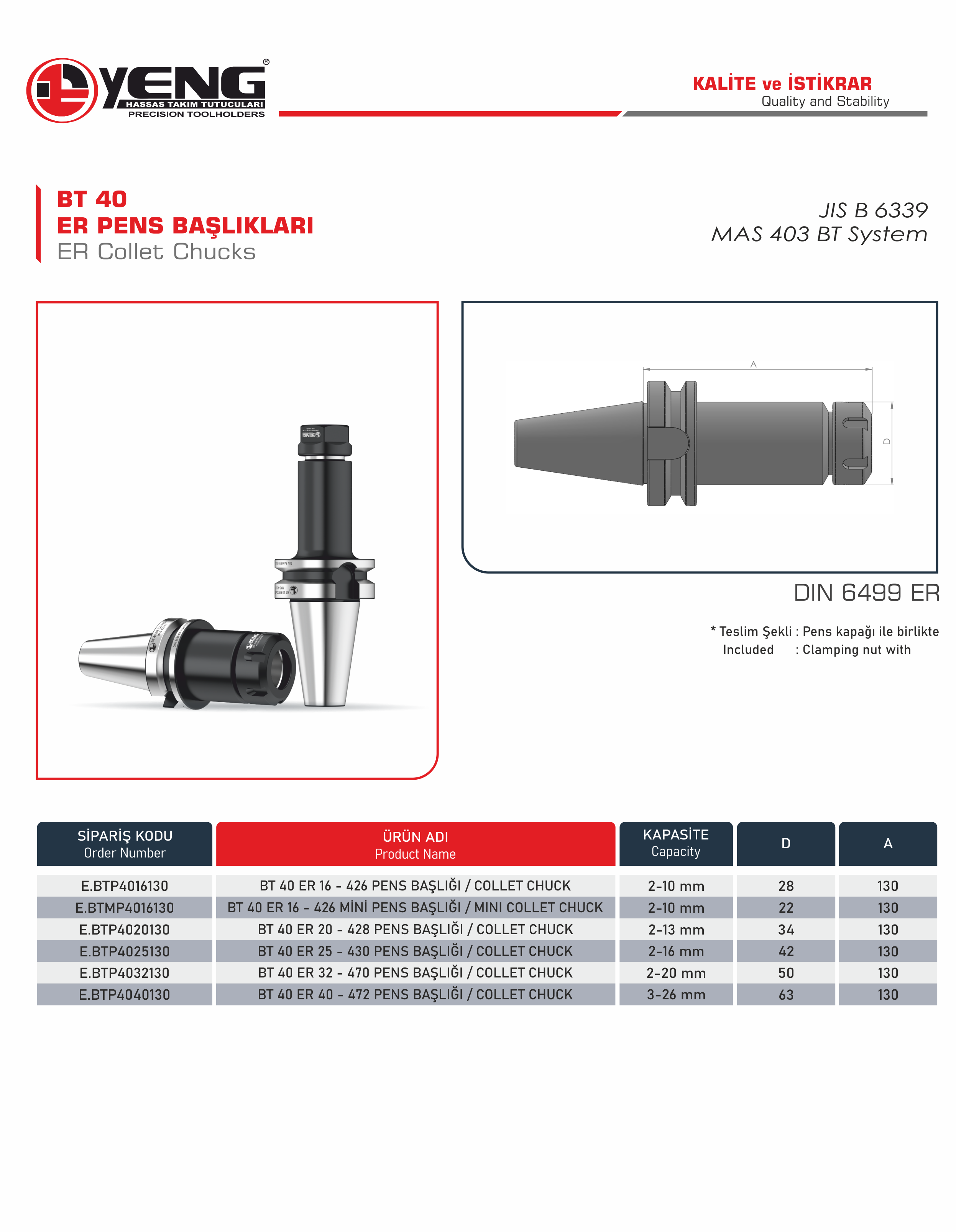 BT 40 Pens Başlıkları / DIN 6499 ER A=130