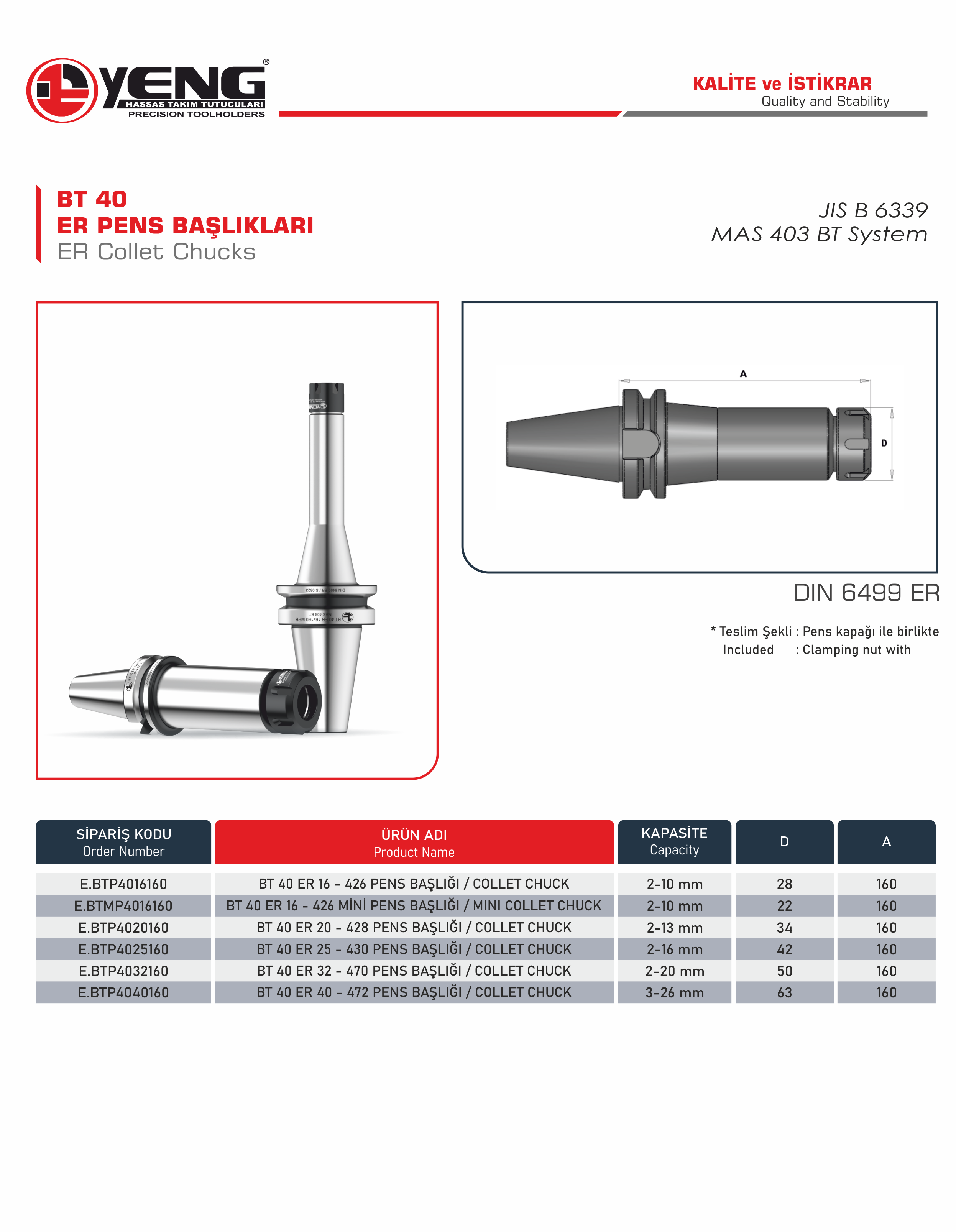 BT 40 Pens Başlıkları / DIN 6499 ER A=160