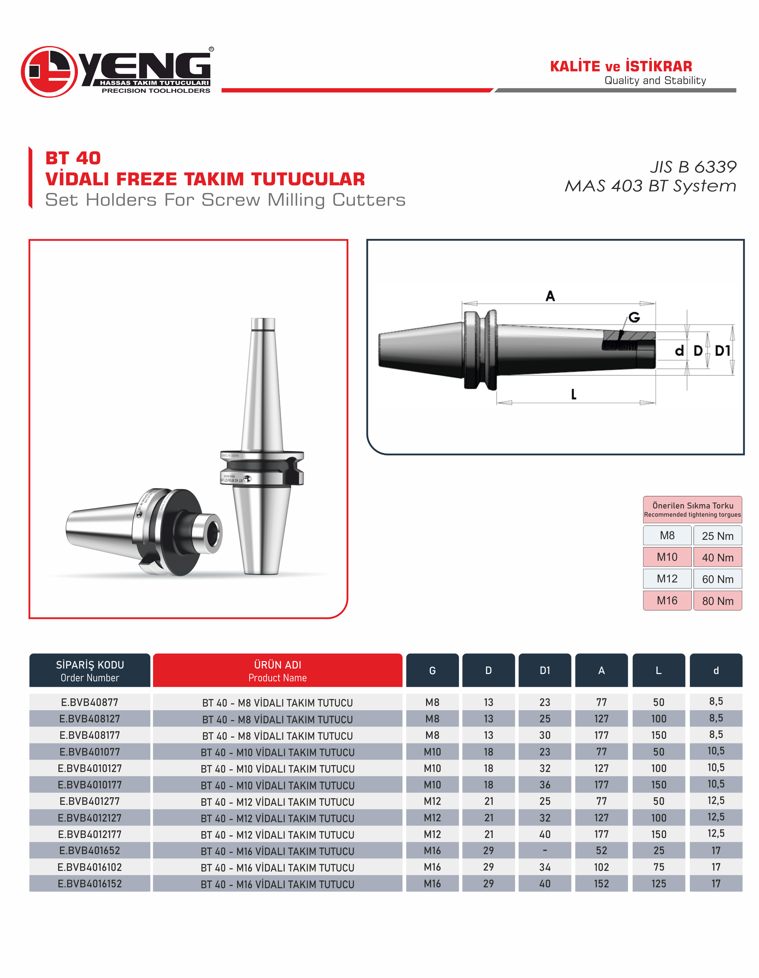 BT 40 Vidalı Freze Takım Tutucular