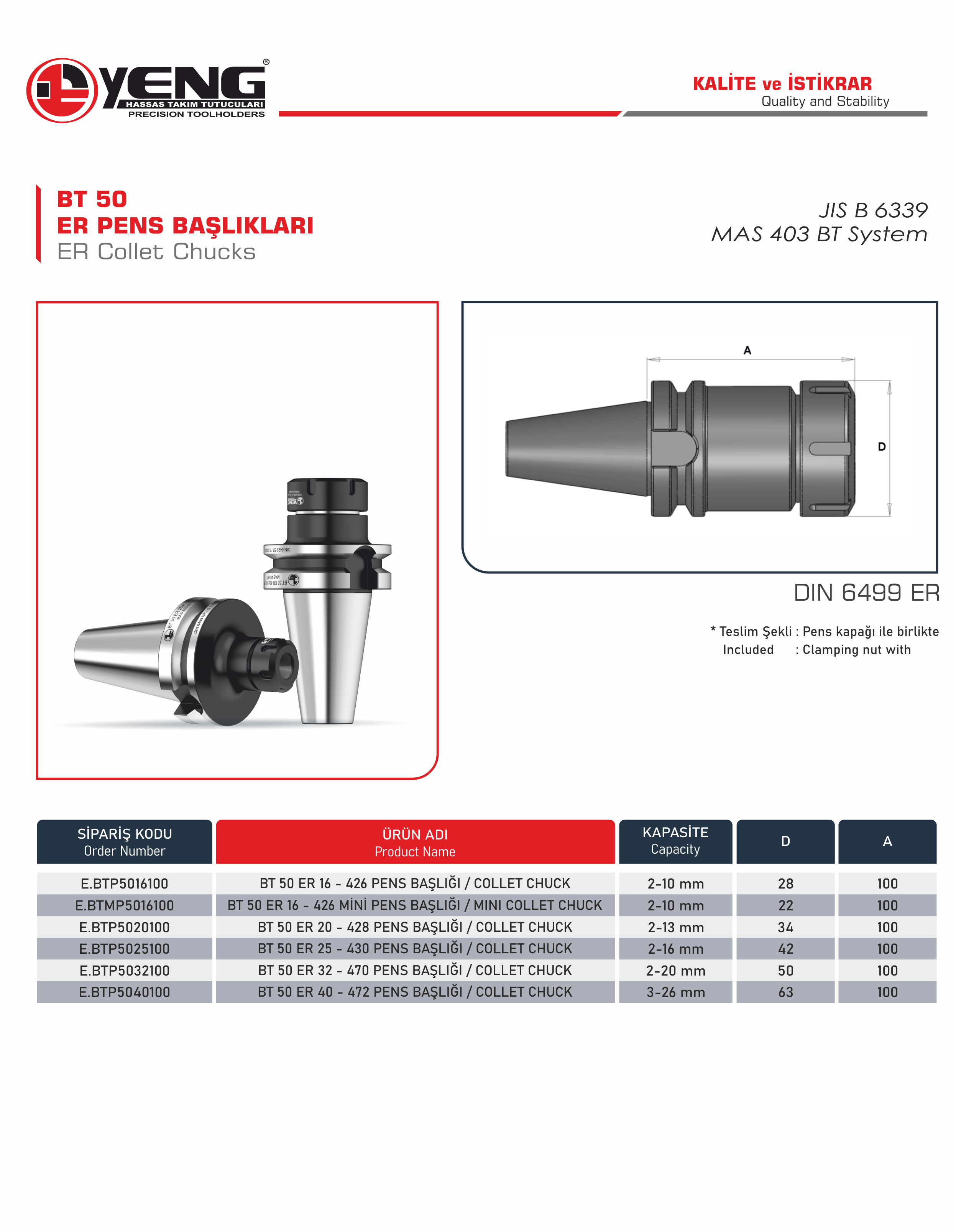 BT 50 Pens Başlıkları / DIN 6499 ER A=100