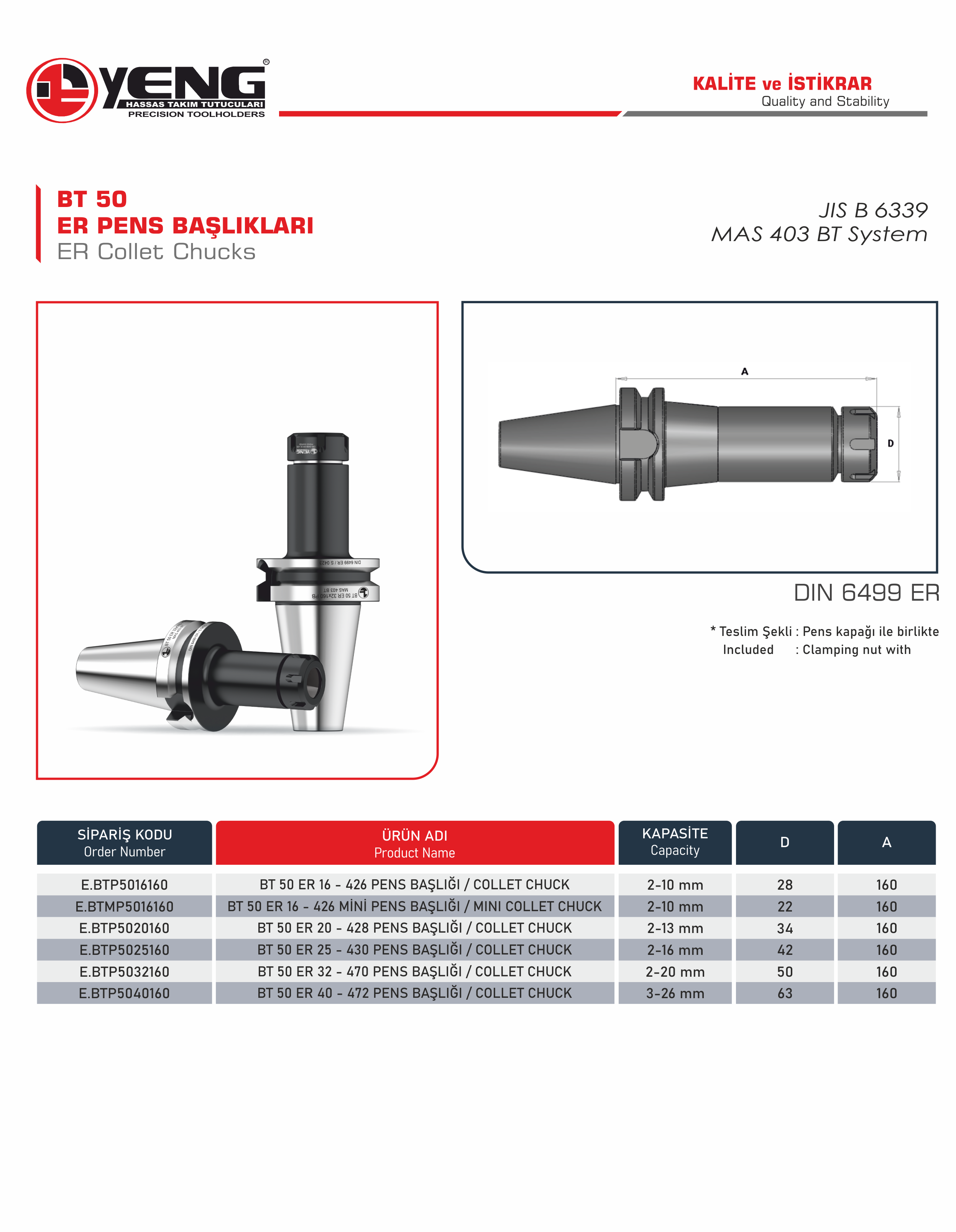 BT 50 Pens Başlıkları / DIN 6499 ER A=160