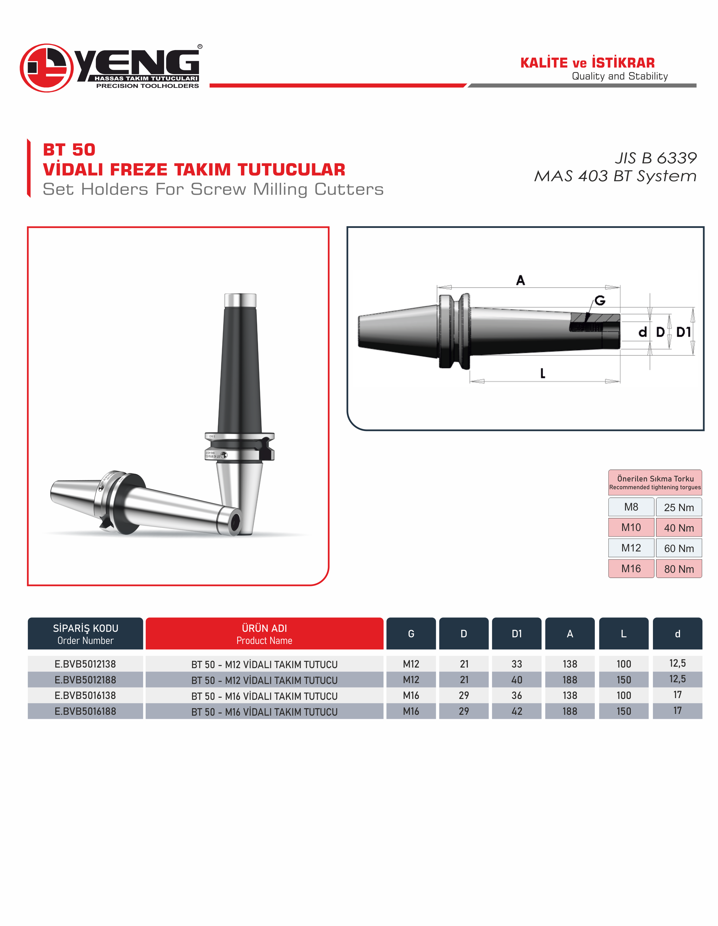 BT 50 Vidalı Freze Takım Tutucular