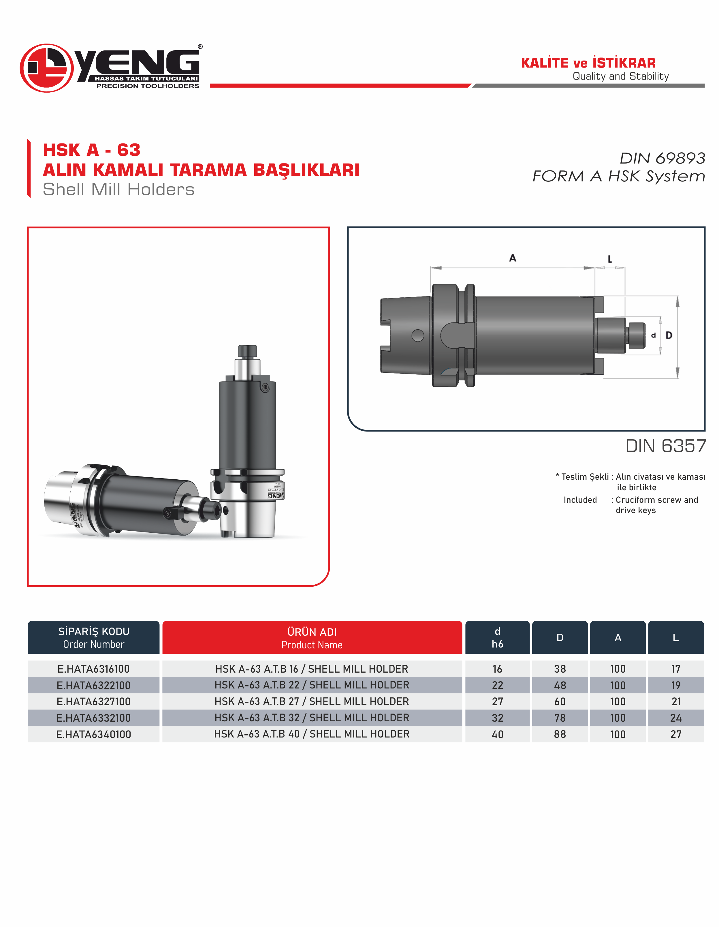 HSK A - 63 Shell Mill Holder / DIN 6357 A=100