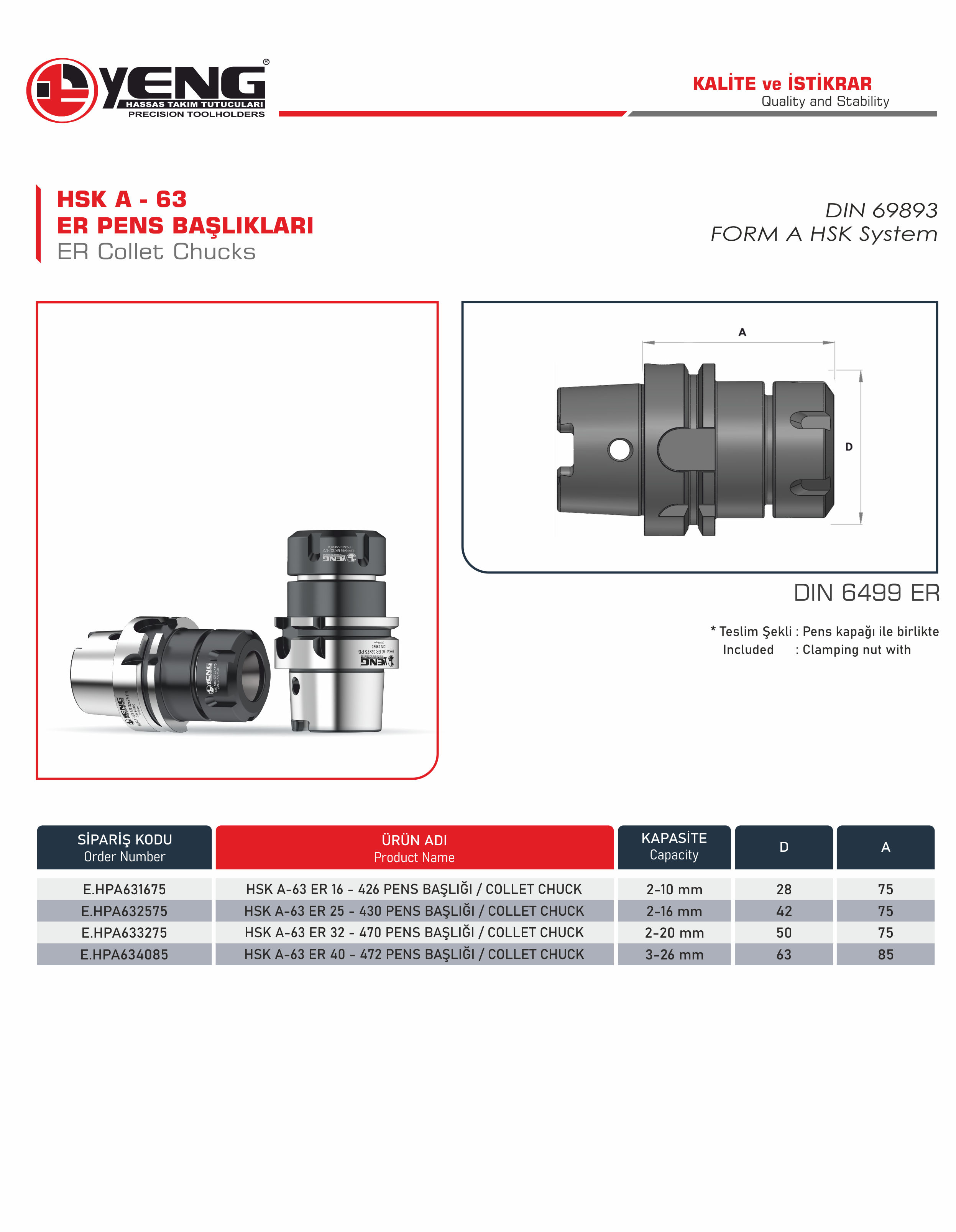 HSK A - 63 Collet Chucks / DIN 6499 ER