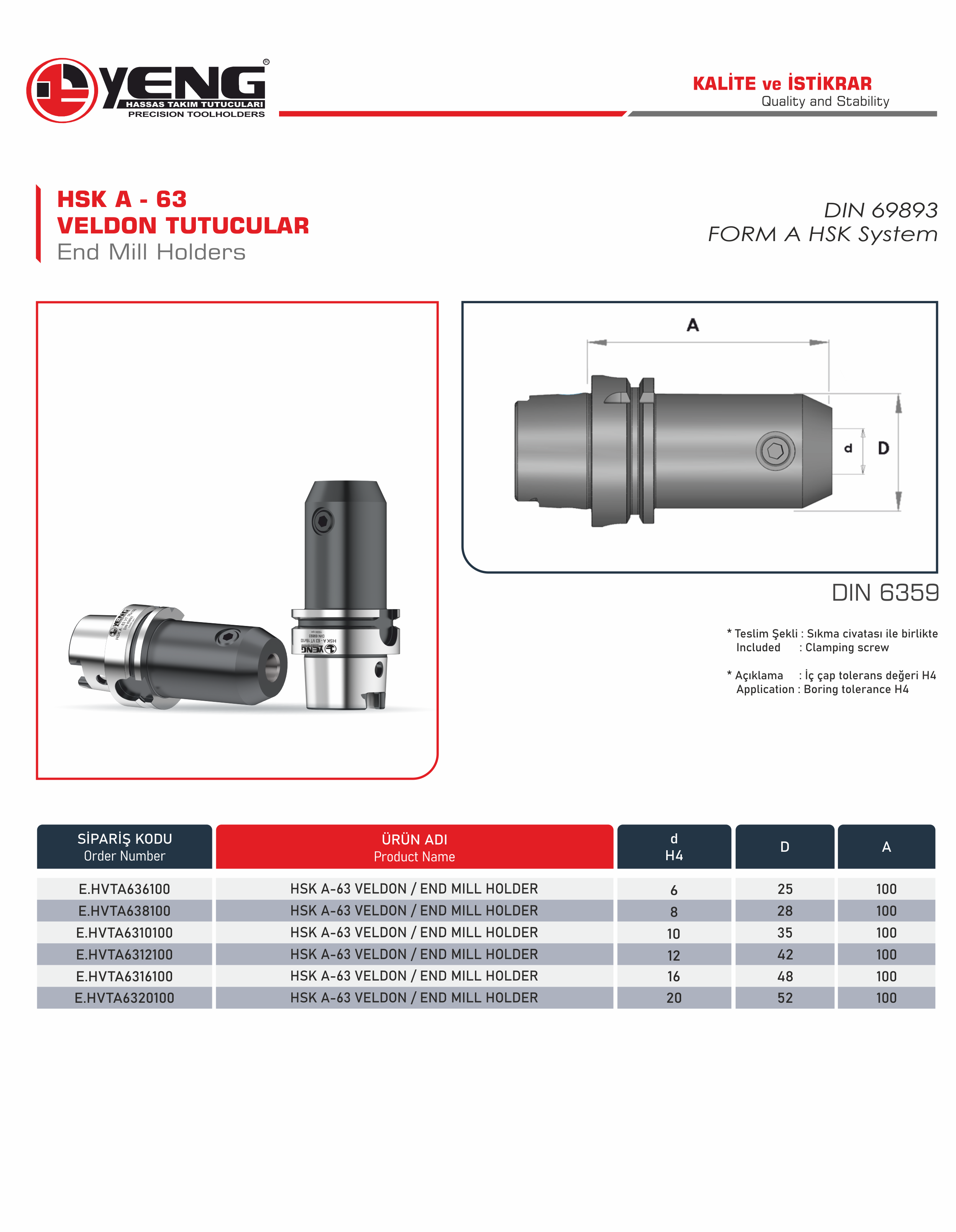 HSK A - 63 End Mill Holders / DIN 6359 A=100