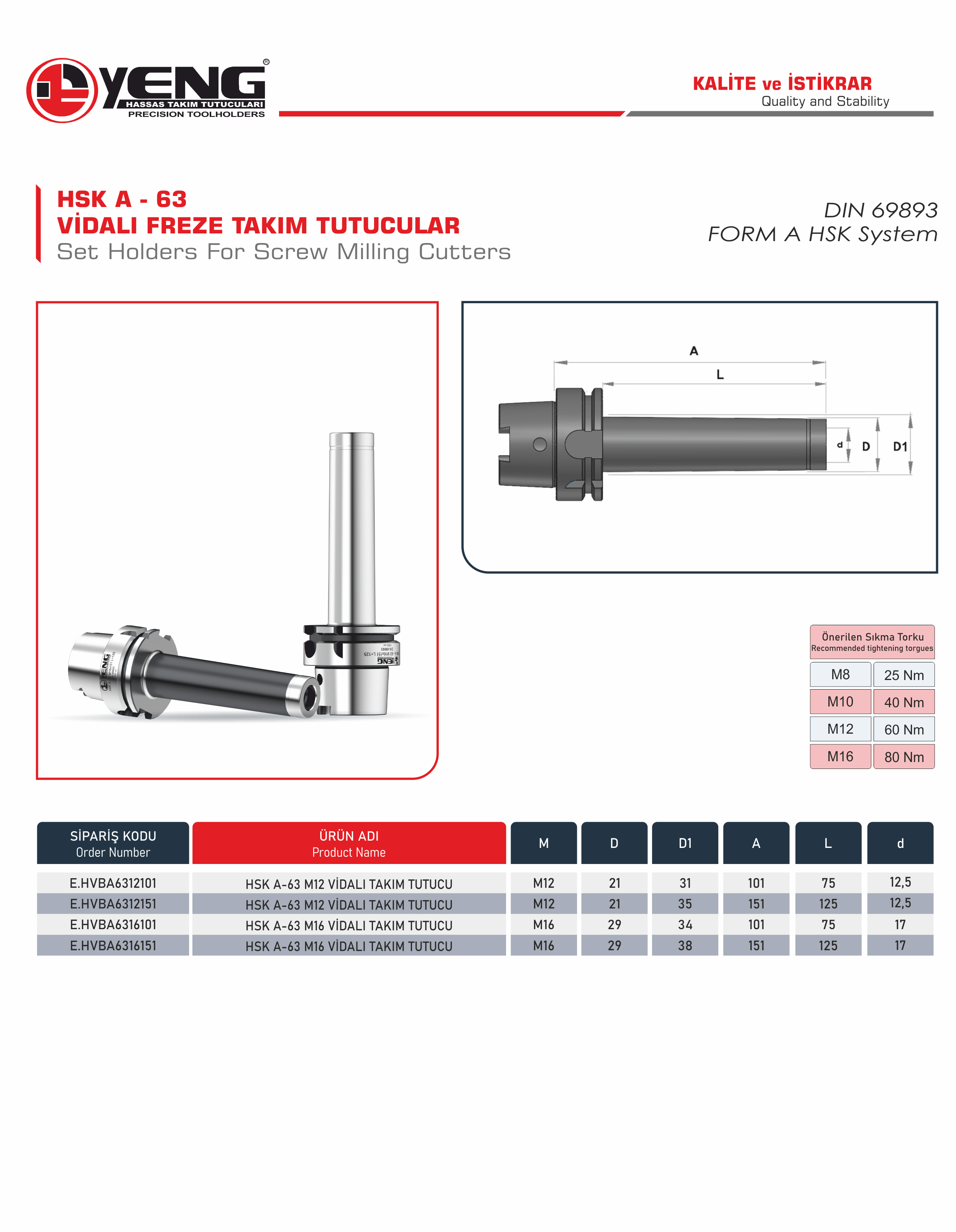 HSK A - 63 Set Holders For Screw Milling Cutters